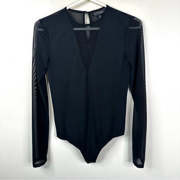 Intermix Bodysuit Womens Small Black V-Neck Sheer Mesh Long Sleeves - Picture 4 of 13